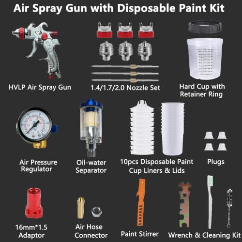 HVLP Spray Gun with 3 Nozzles & 10pcs 20oz Disposable Paint Cups for Auto