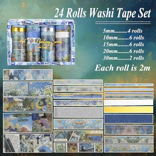 Washi Tape Set, 24 Rolls Vintage Washi Stickers, Assorted Sizes, for Junk Journal Scrapbook Tape, Bullet Journaling Scrapbooking Supplies, Planner Sticker DIY Craft DéCor (Blue)
