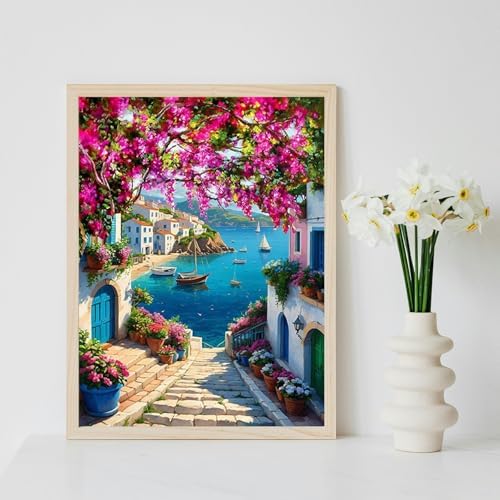 MIRCVSH Scenery Paint by Numbers Kit for Adults,Framed Landscape Paint by Number Kits on Canvas with Brushes,Flowers and Sea Oil Painting Kits with Wooden Easel for Home Wall Decor 12X16 Inch.