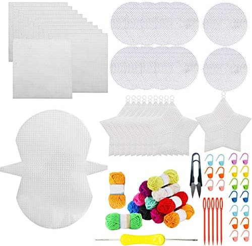 Allazone 59 PCS Mesh Plastic Canvas Sheets 4 Shapes Plastic Canvas for DIY Crafts Embroidery Cross Stitch, Acrylic Yarn Crafting, Knit and Crochet Projects