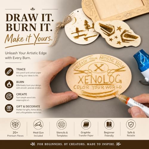 Xenolog Wood Burning Kit for Beginners - Complete 20+ Piece Pyrography Set with Heat Gun, Markers, 9 Wood Plaques, Stencils, Transfer Paper - Art Craft Gift for Adults, Teens, DIY Artists