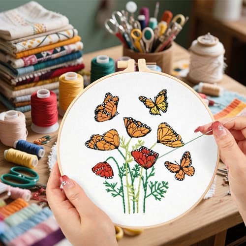 Flowers Embroidery Kits for Beginners Adults, Butterfly Hand Embroidery Starter Kits, Bee Cross Stitch Kits for Beginner Needlepoint DIY Kits for Adult, 2 Set Embroidery Hoops, Thread & Video Tutorial