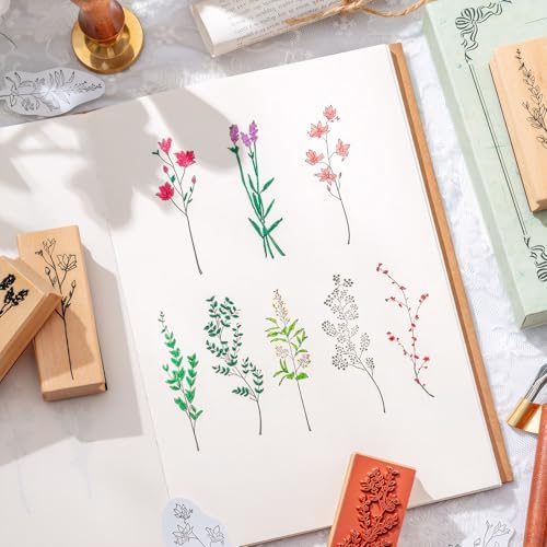 DIYOOHOMY 8 Pcs Wooden Rubber Floral Stamps Set, Vintage Flower Stamps for Crafting Tools Scrapbooking Card Making Journaling Clay Pottery Projects, Cute Ink Stamp Craft Kits for DIY Art Supplies