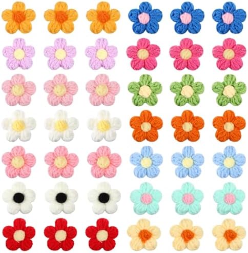 50 Pcs Crochet Flowers Knitted Yarn Flowers Handmade Crochet Flower Cute Flower Sew/Iron On Patches, Beautiful Crocheted Floral, for Crafts Embellishments, Clothing, DIY Hair Headbands (14 Colors)