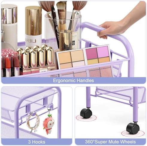 TOOLF 4 Tier Rolling Cart, Metal Utility Storage Cart with Wheels, Purple | 3 Hooks, Screwless Assembly, Trolley Organizer for Bathroom, Kitchen, Office, Nursery, Dorm, Laundry Room