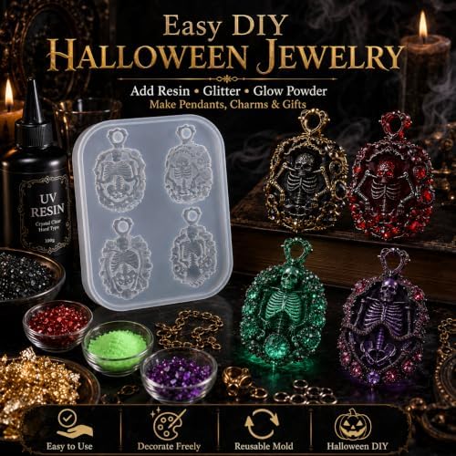 4-Cavity Ornate Skeleton Cameo Pendant Resin Silicone Mold with Hanging Hole, Gothic Skull Epoxy Resin Casting Mould, DIY Necklace Charm Mold for Halloween Christmas Handmade Jewelry Craft (KL04)