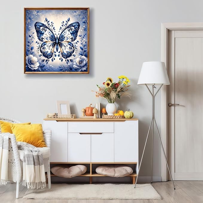 Diamond Art Kits for Adults, Blue and white Butterfly Diamond Painting
