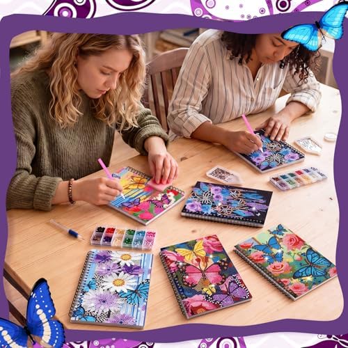 Fullhawl 6 Pack 5D DIY Diamond Art Crafts Kit for Adults Office Supplies Beginner A5 Leather Diamond Painting Gift for Women Art Cover Craft Accessories with Tool (Butterfly Floral)
