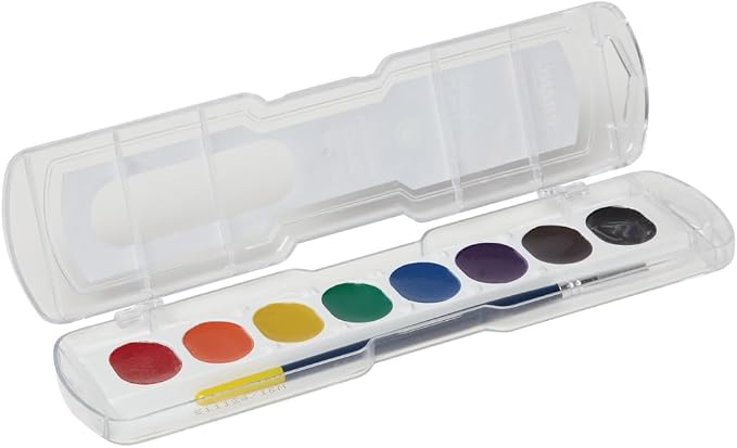 Prang Washable Semi-Moist Watercolors Oval Pan Set with Size 6 Paintbrush, Non-Refillable, 8 Assorted Colors, Pack of 6