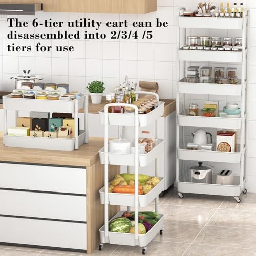 Sywhitta 6-Tier Plastic Rolling Utility Cart with Wheels for Storage,White