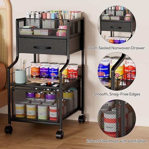SWTYMIKI Under Desk Storage Cart- Art Storage Cart with Drawers & DIY Divider - Office Cart Organizer Under Desk Shelf, Craft Rolling Cart for Office, Craft Room & Studio Black