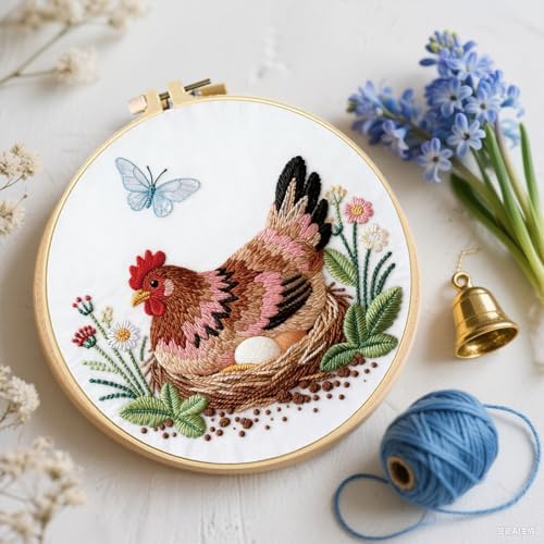 FREEBLOSS 4 Sets Embroidery Kit for Beginners Needlepoint Embroidery Starter Kit with Chicken Theme Stamped Patterns, Instructions, Colored Threads, 2 Hoops 11.6"/29.5cm