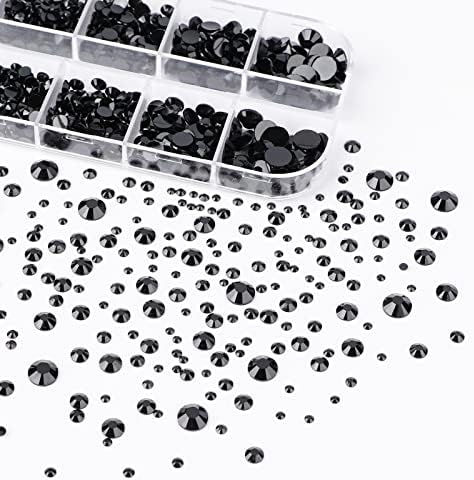 Canvalite 1500PCS Black Rhinestones Flat Back Gems, Nail Rhinestones Nail Art Gems with Pick Up Tweezers and Rhinestone Picker Dotting Pen, Nail Art Tools for Nails, Clothes, Face, Craft