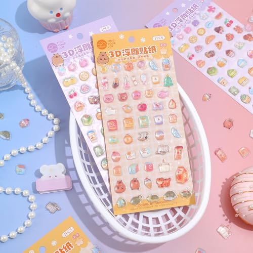 Girl's 3D Cute Japanese Puff Sticker, 100+ Kawaii Dessert and Animal Mini Puffy Stickers, for DIY Scrapbooks Planner Journals Laptops Phone Case Decoration Gifts Rewards, Cream Cheese