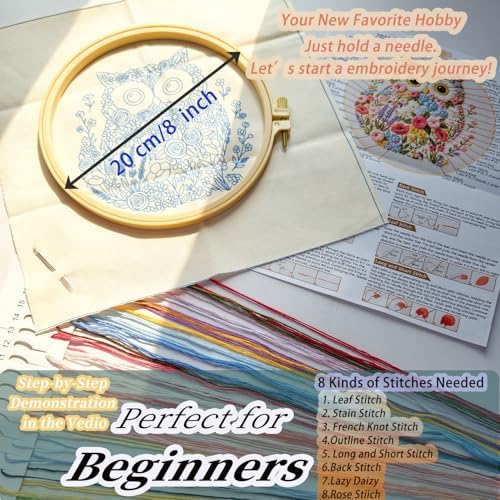 FONNUY Floral Owl Embroidery Kit for Beginners, DIY Handmade Flower Animal Embroidery Set with Hoop, Stamped Cross Stitch Kit for Adults, Unique Home Wall Art Decor & Craft Gift (Colorful)