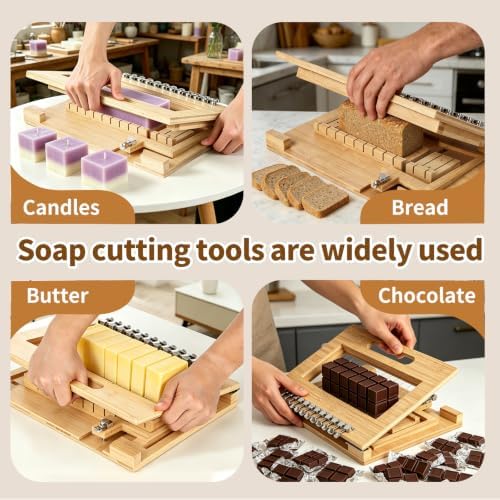 Wooden Soap Cutter,Multi Soap Cutter for Soap Making with Adjustable Stainless Steel Wires,Cuts 1-12 Uniform 1-Inch Bars with 10 Replacement Wires for Candles, Cheese, Butter, DIY Craft Supplies