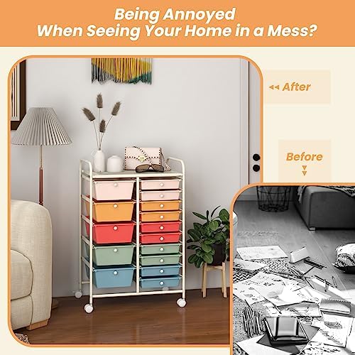 GOFLAME 15-Drawer Rolling Storage Cart, Craft Storage Cart with Removable Drawers & Lockable Wheels, Art Cart Supply Storage Organizer for Home Office Classroom, Macaron Color