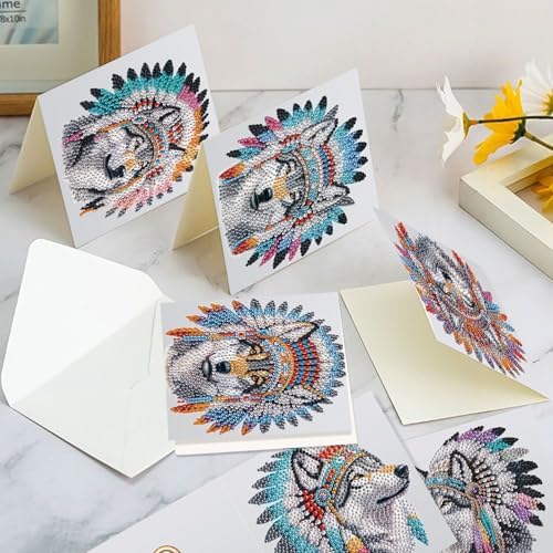 6 Pack 5D Diamond Art Greeting Cards Kit with Envelopes, Wolf with Native American Headdress Design, DIY Special Shape Diamond Painting Greeting Card for Adults, Handmade Card Craft Gift Set