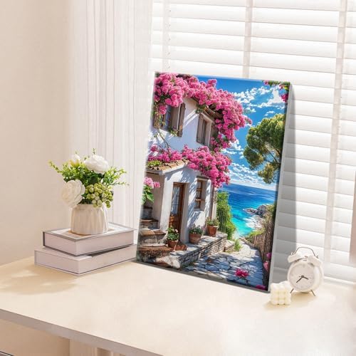 ATDMS Paint by Numbers Kit for Adults with Frame Landscape Paint by Number with Easel DIY Flowers House Adult Paint by Number Kits Paint by Numbers Kit on Canvas for Gift Home Wall Decor 8x12 Inch