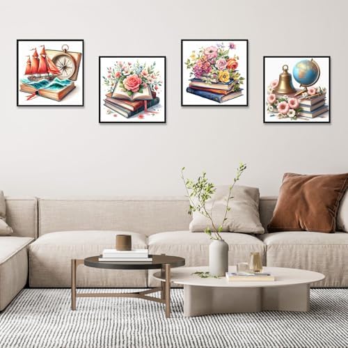 Camocin 4 Pack Framed Paint by Numbers Kit for Adults with Wooden Easel | Book Lover Artwork, DIY Canvas Painting Set, Reading Room Wall Decor, Literary Aesthetic, Beginner Friendly, 10x10 Inch