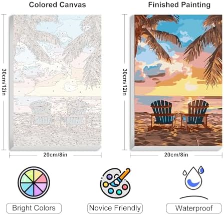 4 Pack Framed Paint by Numbers Kit for Adults with Wooden Easel, Beach | With Frame, Sea Turtle DIY Acrylic Painting, For Adults Beginner, Stress Relief Craft Kits, Home Wall Decor Gift, 8x12 IN