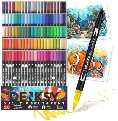100 Watercolor Markers Set | Water Color Pens with Brush & Fineliner, Water-Based Art Markers | Dual Tip Markers for Adult Coloring, Lettering, Calligraphy, Sketching, Journaling & Illustration
