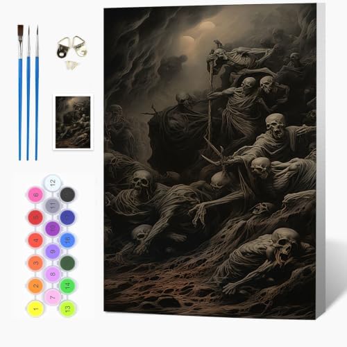 Auremi Skeletons Paint by Number Kits with Framed, DIY Horror Paint by Number Canvas for Adults, Easy Acrylic in Canvas with Brushes for Decor 20x30cm