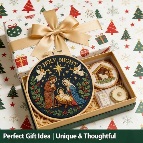 BoAn Nativity Embroidery Kit for Adults, DIY Cross Stitch Kit with Hoop