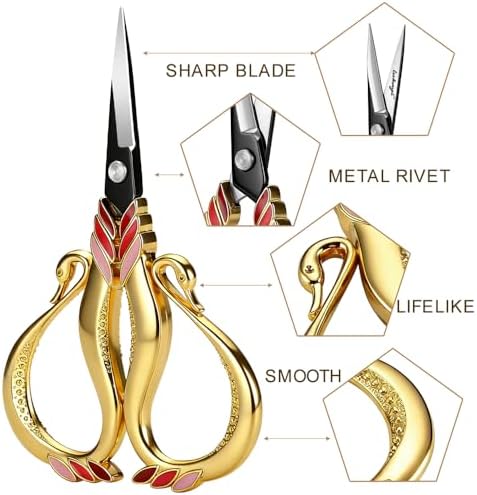 Vintage Swan Embroidery Scissors, Sharp Small Craft Scissors for Thread Cutting, Sewing, DIY Art Craft, Needlework Supplies (Gold)