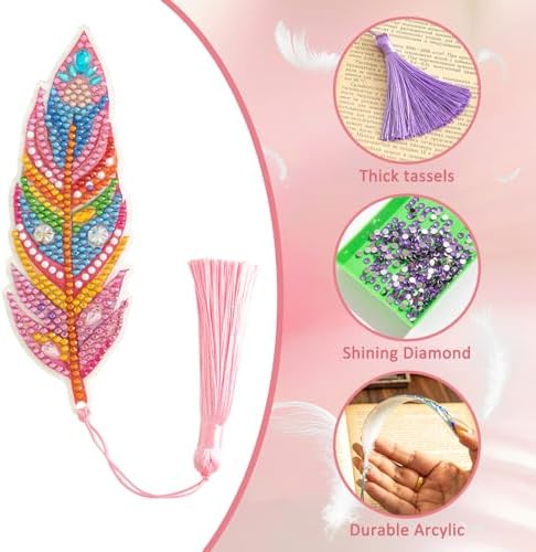 6 Pcs 5D Diamond Painting Art Kit, DIY Acrylic Crystal Diamond Bookmarks with Tassel, Flower & Feather Designs, Handmade Crafts BookMark Gift for Book Lovers, Women & Teenage, Creative Decor