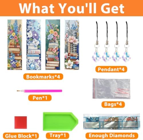 Mandun 4 Pcs Book Diamond Painting Bookmark Kits, Special Shaped Diamond Art Bookmarks with Pendant, DIY Flower Diamond Art Bookmarks with Tassels Crafts Gifts Supplies
