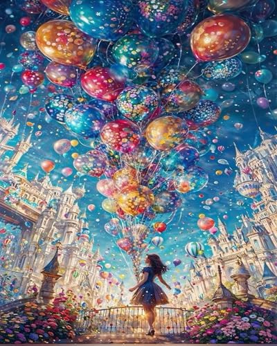 koemhxb Fantasy Paint by Numbers Kit for Adults Beginners, DIY Balloons and Castle Acrylic Painting on Canvas for Home Wall Art Decor 16x20 Inch