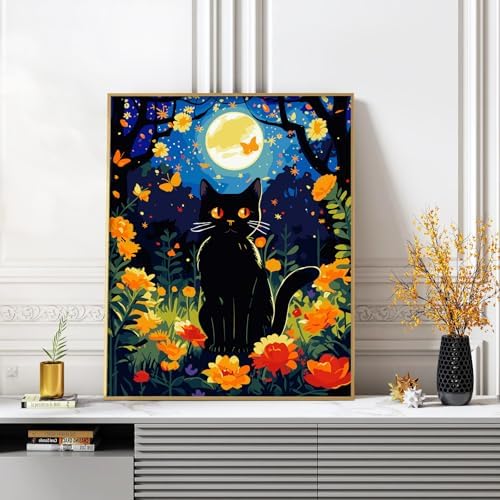 ZTOTZ Cat Paint by Numbers Kit for Adults, Painting by Numbers Black Cats Moon Night, Tuxedo Cat Adults' Paint-by-Number Kits, Animal cat Paints Number Kits 16x20 Canvas