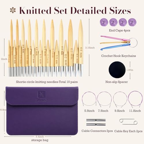 Yarniss 10 Size Shortie Circular Knitting Needles Set with Cable 3.25~6.5mm