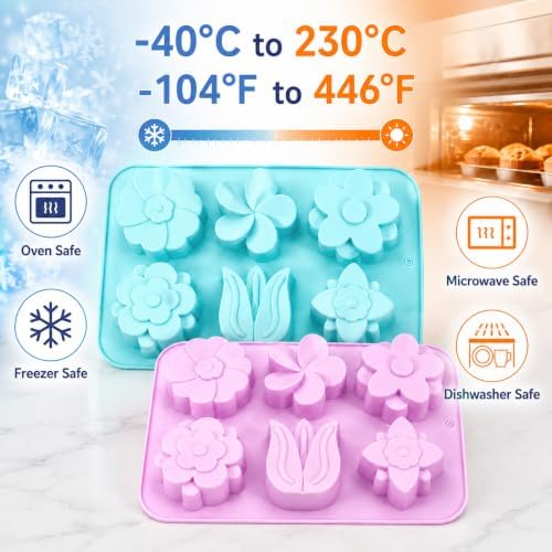 2 Pack 6 Cavity Tulip Flower Silicone Molds, Food Grade Flexible Reusable Molds Easy Release for Soap Bath Bomb Chocolate Candy Jelly Ice Cube, Microwave Freezer Dishwasher Safe