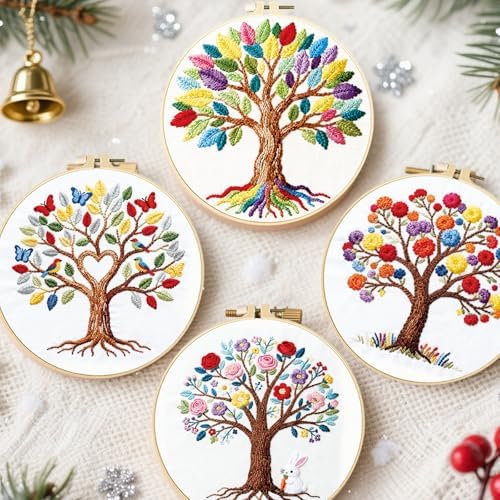 FREEBLOSS 4 Set Embroidery Kit Tree of Life Stamped Embroidery Starter Kit with Step by Step Instructions, Colored Threads, 2 Hoops, Needlepoint Kits for Hand Craft Lovers Gift, 30cm/11.8inch
