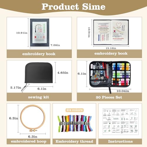 JINSILU Beginner Embroidery Stitch Book Kit, 86-Piece Sewing Tool Set with 24 Colors Floss