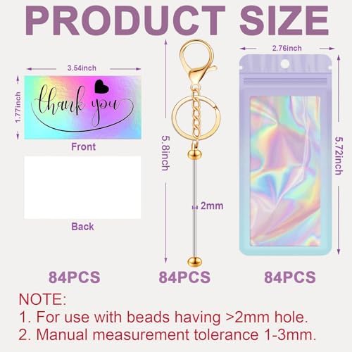 42/84/126 Pcs Beadable Keychain Bars Bulk Blank DIY Beaded Keychain Making Supplies with Bag Thank You Card