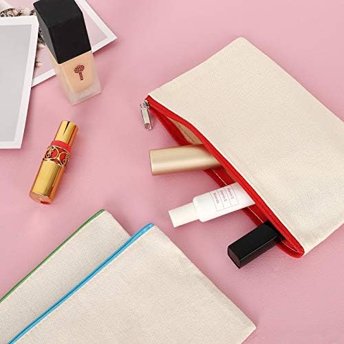 12 Pieces Cotton Canvas Makeup Bag, Multipurpose Cosmetic Bag with Zipper Travel Toiletry Pouch, Blank DIY Craft Bag (Beige, M)