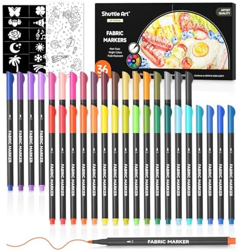 Shuttle Art Fabric Markers, 36 Colors, Fine Tip, with 11 Stencils