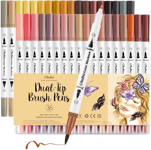 Ohuhu Skin Tone Markers 36 Colors: Dual Tip Brush and Fineliner Markers for Adult Coloring Water Based Art Skintone Marker Pens Set for Portrait Drawing Lettering Writing Calligraphy Journaling - Maui