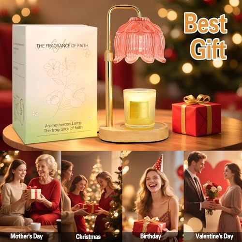 XJZJY Pink Flower Candle Warmer Lamp with Timer, Birthday Gifts for Women | Dimmable wax melt warmer with 2 bulbs for jar candles, height adjustable, lotus flower lamp, home decor, housewarming gift