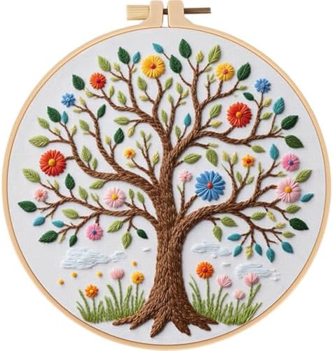 Qupace 3 Pcs Tree Embroidery Kits for Beginners Adults - Cross Stitch Sewing Craft Set with 3 Embroidery Hoops & 3 Finished Stands,Book Needlework Kit