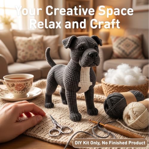 DIY Crochet Pitbull Dog Kit for Beginners – Amigurumi Staffordshire Bull Terrier Stuffed Animal Knitting Kit with Yarn, Hook & Instructions – Easy Beginner Crochet Animal Craft for Adults & Dog Lovers