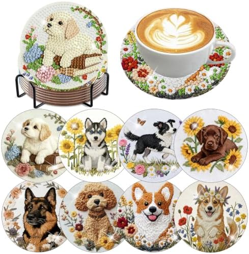 Zythron 8 Pack Diamond Art Coasters,Dog Flowers Diamond Painting Coasters