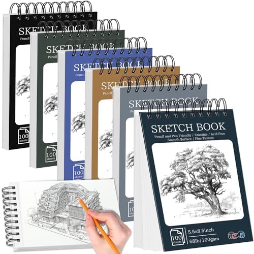 6 Pack Sketch Books Bulk 5.5x8.5 Inch Top Spiral Bound Sketch Pad 600 Total Sheets 6-Color Small Sketchbook Set 68lb/100gsm Acid-Free Drawing Paper for Students Beginners Travel Classroom Art Supplies