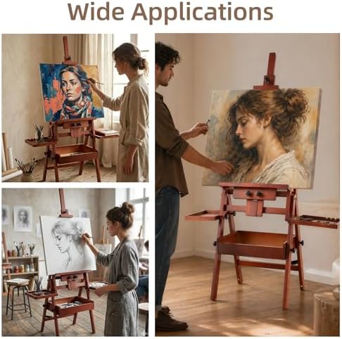Horizontal Beechwood Studio Easel with Drawer and Palettes, Walnut | H-Frame Solid Wooden Painting Easel for Students, Beginners, and Artists, Hold Canvas to 50Inches High