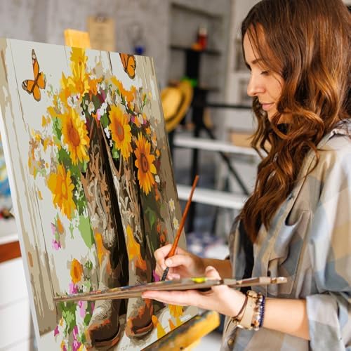 Paint by Numbers Kit for Adults, Cowgirl Boots Sunflower, 16 x 20 Inch | DIY Adult Paint by Number Kit on Canvas for Beginners, without Frame, Western Farmhouse Wall Decor, Stress Relief Craft Gift