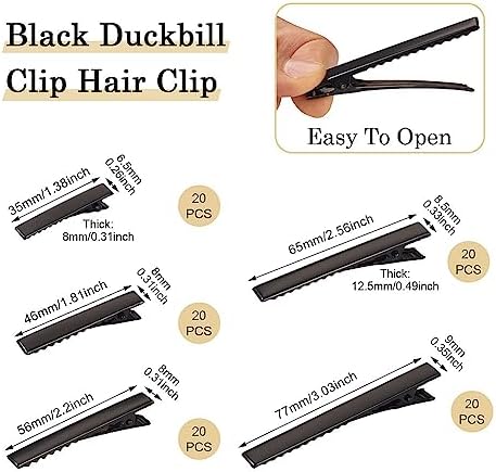 100Pcs Black Alligator Hair Clips 5 Sizes Metal Barrette Hair Clips Single Prong Hairpins for Bows Hair Accessories Making, 35/46/56/65/77mm
