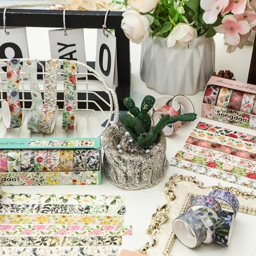 10 Rolls Blooming Flowers Washi Tape Set Floral Arts Adhesive Tapes Colorful Garden Decorative Masking Tape Sets for Craft, Kids, Scrapbook, DIY, Gift Wrapping (1-Pinky)